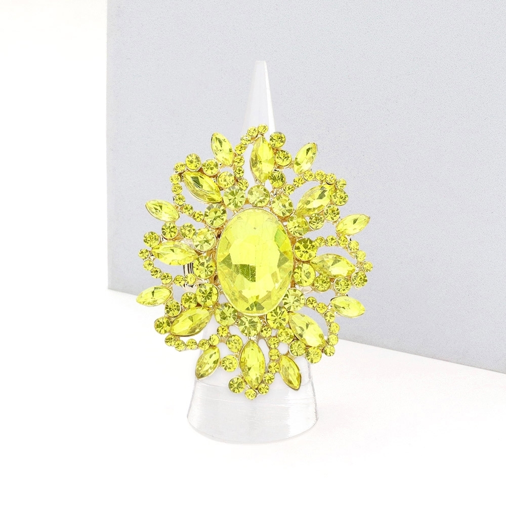 Yellow Oval Cluster Leaf Stretch Statement Rhinestone Crystal Ring Finger